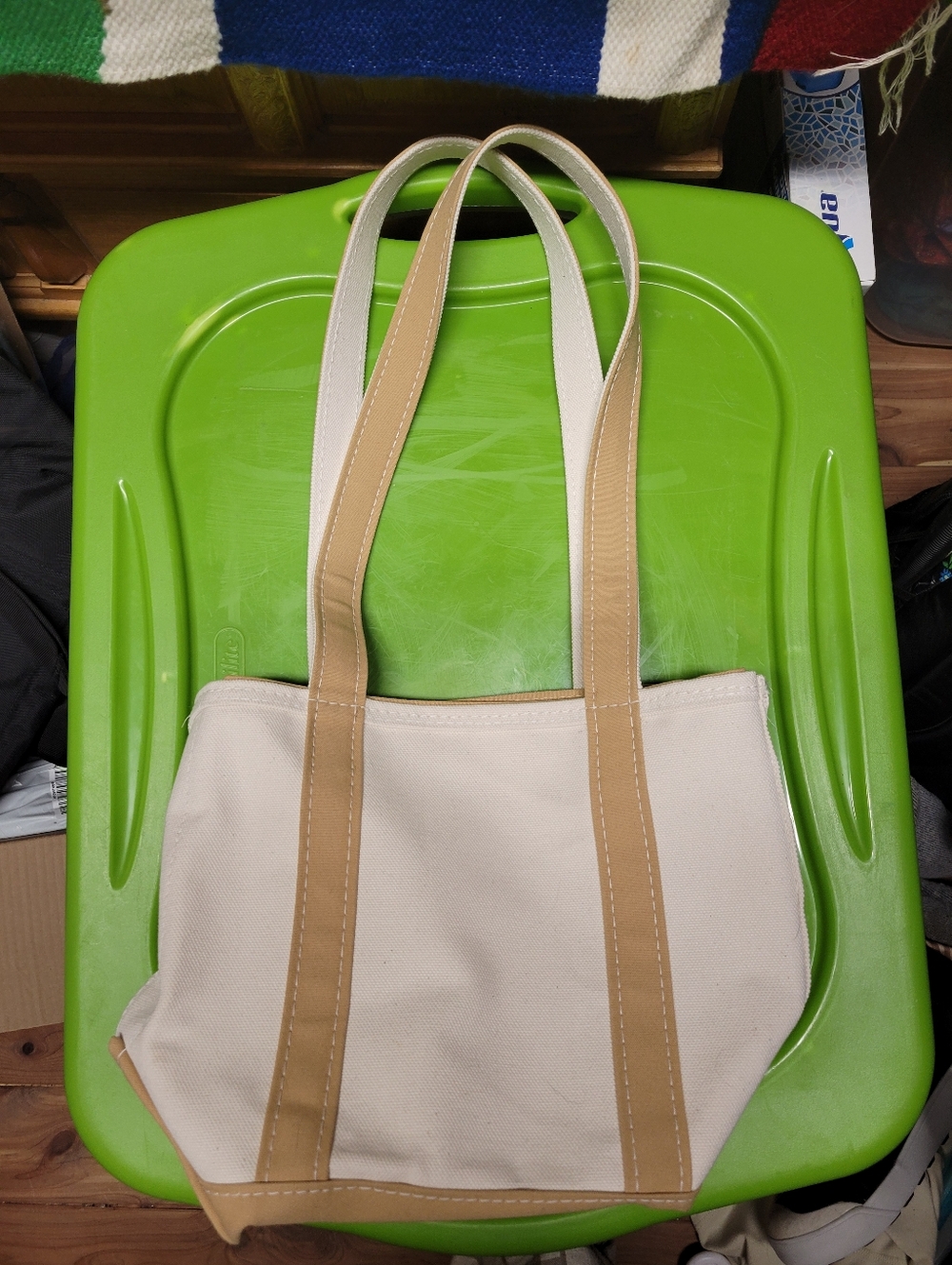 LL Bean Boat And Tote Small Long Handles Zip Top Khaki